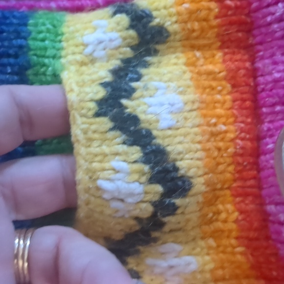 Handmade knit cowichan style boho rainbow wool zip front hooded baby sweater - Picture 6 of 16